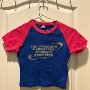 Los Angeles Apparel Blue and Pink Graphic Crop Top